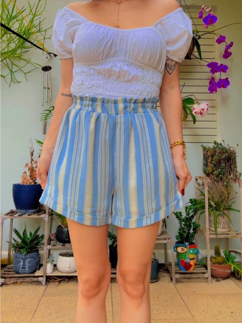 Paper Crane Blue & White Striped High-Rise Shorts